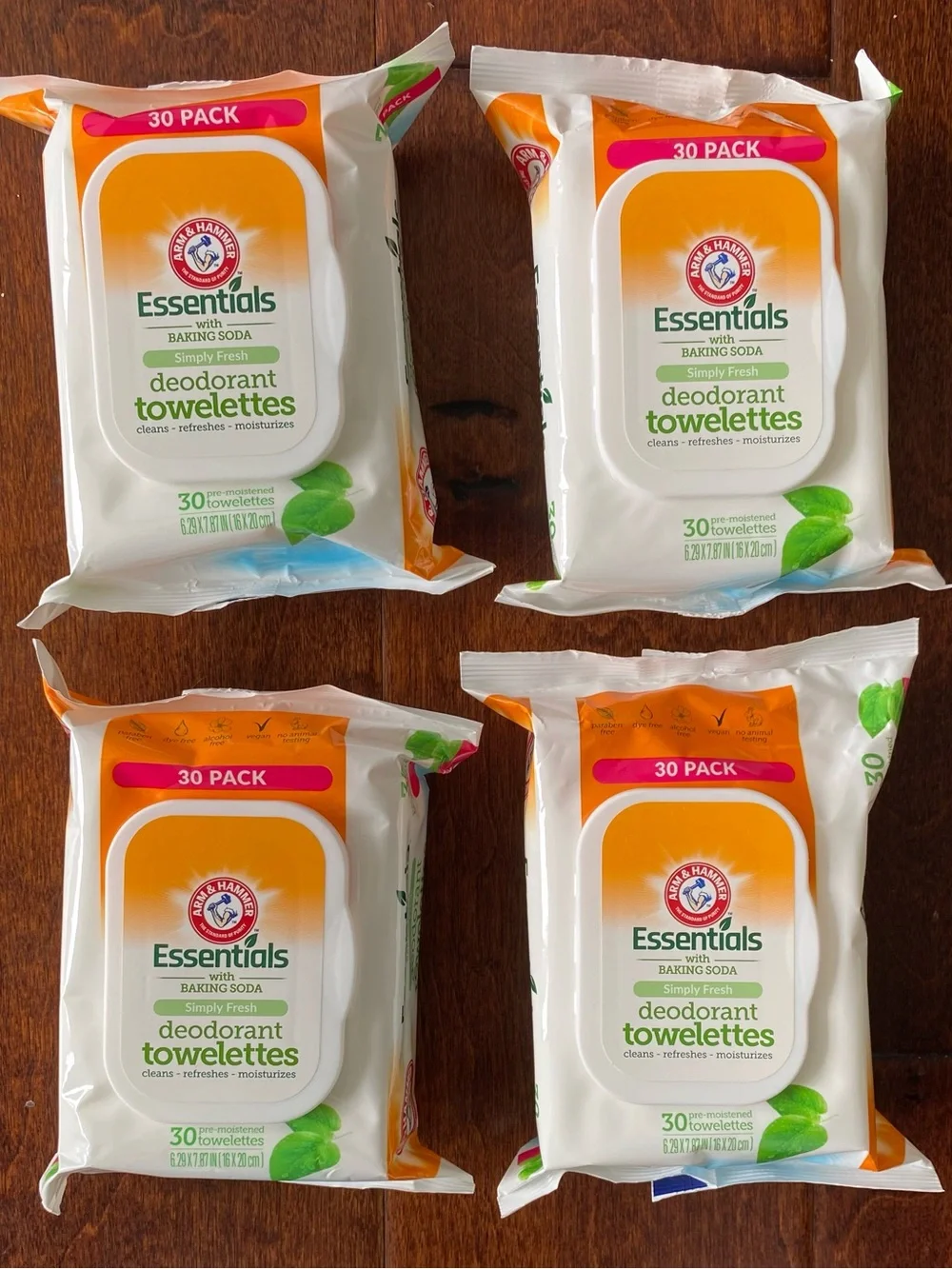Arm & Hammer Essentials Deodorant wipes, lot of 4–30 ct. each.